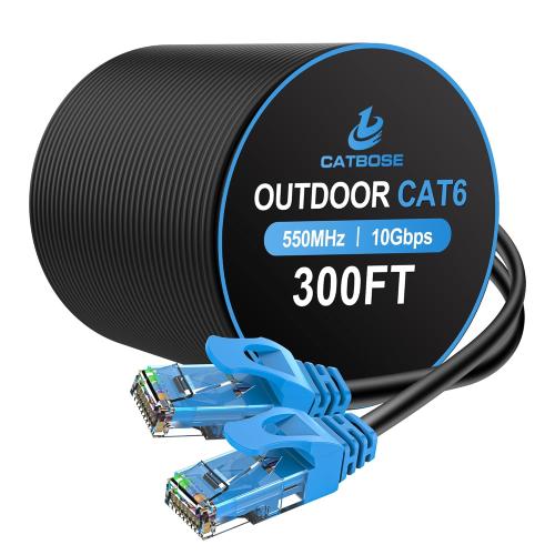 300FT Outdoor Cat6 Ethernet Cable, Heavy Duty Direct Burial, In-Ground, POE, Waterproof, LLDPE UV Resistant, UTP, 24AWG CCA Solid Cord, Network, Internet, LAN, Cat 6 Patch Cable - 300 Feet