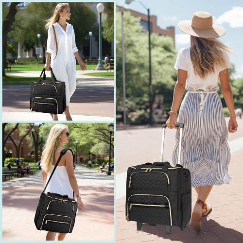 MATEIN Rolling Laptop Bag for Women, 15.6 Inch Rolling Briefcase with Wheels &Detachable Cart, Roller Computer Teacher Tote Bag with Insulated Lunch Box Gift for Nurse Work Business Office, Deep Black