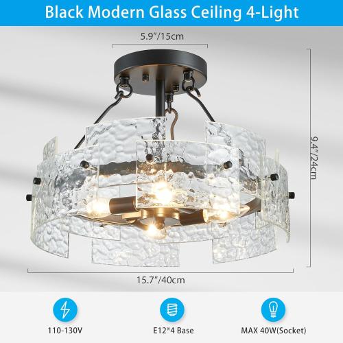 XINGQI Black Ceiling 4-Light Modern Farmhouse Water Ripple Glass Ceiling Lighting Fixture 15.7 Drum Ceiling Lights for Bedroom Dining Room Living Room Hallway Entryway