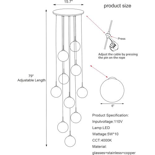10-Light LED Staircase Chandelier Crystal Ceiling Lights Large Chandeliers for High Ceilings, Entryway Modern Lighting Fixture Villas and Stairs, Adjustable Length 16 W x79H，50W