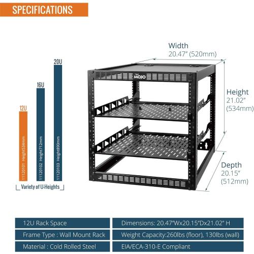 Tecmojo 12U Open Frame Network Rack for IT & AV Gear, AV Rack Floor Standing or Wall Mounted,with 2 PCS 1U Rack Shelves & Mounting Hardware,Network Rack for 19 Networking,Audio and Video Device