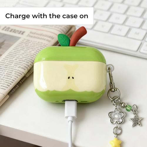 for Cute Green Apple Case Compatible with AirPods Pro 3rd Generation, Hard PC Shockproof Protective Cover with Keychain, Front LED Visible Kawaii Fashion Earbud Case for Women Girls
