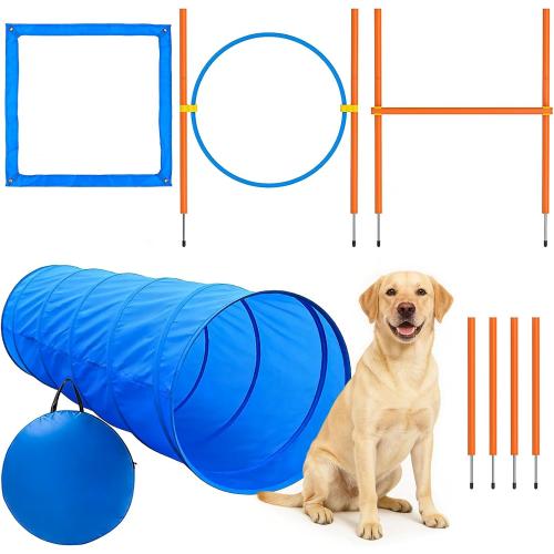 XiaZ Dog Agility Course Backyard Set, Dog Obstacle Course Training Starter Kit Pet Outdoor Game with Tunnel, Agility Hurdle, Weave Poles, Jump Ring, Pause Box, Collapsible Dog Bowls and Storage Bag