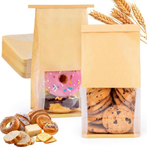 HONKID Cookie Bags with Seal, 50 Pack 3.9x3.1x8.2 Inches Small Bakery Bags with Window Tin Tie Tab Lock Resealable Cookie Gift Bags for Cookies Donut Baked Goods Packaging