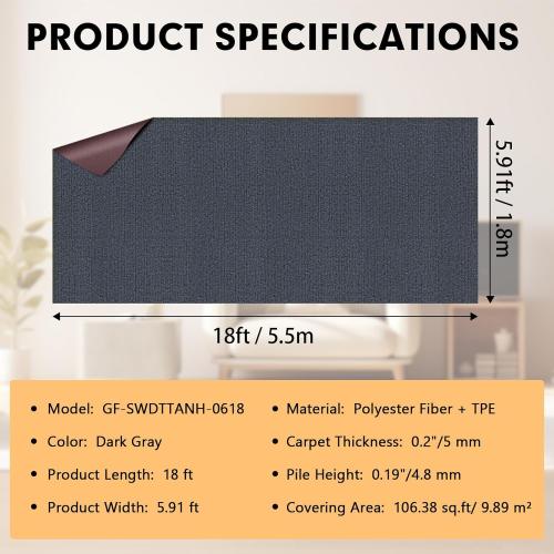 Marine Carpet,6 FT x 18 FT Dark Gray Indoor Outdoor Carpet 0.2 Thick Boat Carpet with Water-Proof TPE Backing, Non-Slide Outdoor Marine Carpet Roll for Home, Patio, Porch, Deck