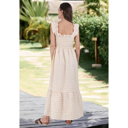 Size L chouyatou Women's Retro Plaid Smocked Dress Spaghetti Strap Flounce Long Dress