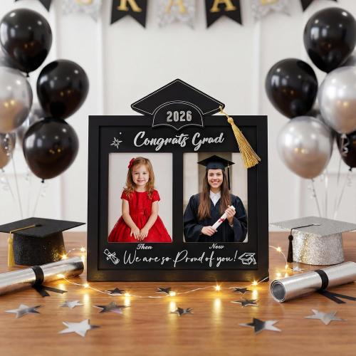 Wenqik Then and Now Graduation Picture Frame Double 5x7 Photo Frame Class of 2026 Graduation Gifts for Son Daughter High School College Graduates Wooden Photoframe Graduate Keepsake(Silver,Grad Cap)