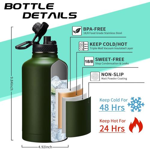64oz Insulated Water Bottle with Straw & Auto Spout Lid - (Cold 48H & Hot 24H) Half Gallon Stainless Steel Water Jug with Paracord Handle, Metal Tactical Military Water Flask