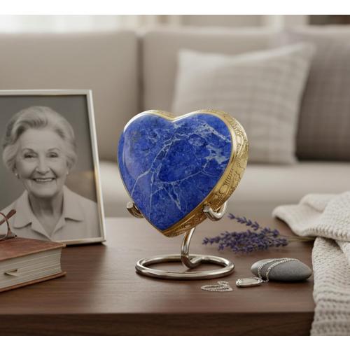 eSplanade Brass Mini Cremation Urn Heart-Shaped Keepsake Memorial Jar Pot Container | Small Urn for Funeral Ashes Burial | Stone Textured Keepsake with Stand | Blue - 2.75 Inches