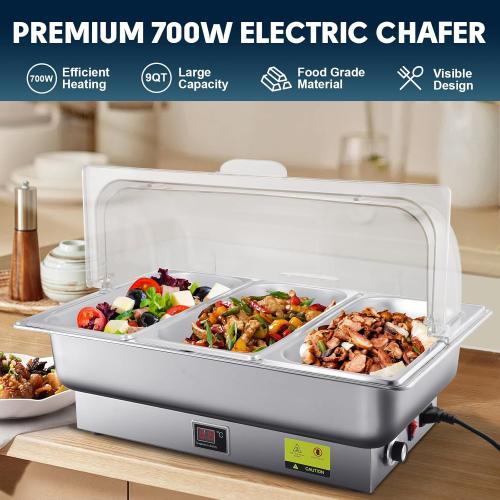 Electric Chafing Dish, 3 x 3QT Size Electric Chafing Dish Buffet Set with Rotary Knob Adjustable Temp, 700W Electric Buffet Servers and Warmers with Roll Top for Catering