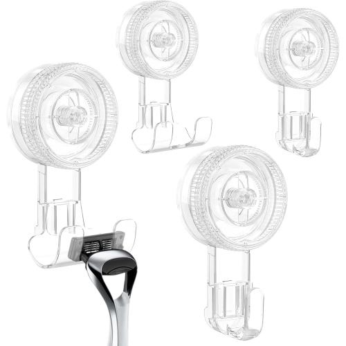 Suction Cup Hooks, BUDGET & GOOD Reusable Waterproof Shower Hook, 4Pcs Vacuum Suction Hooks - Razor Holder - Wreath Hook - Multi-Use for Bathroom Kitchen Office, Storage & Organization for Accessories