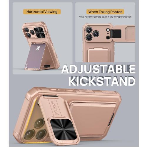 SSLOTSCASE for iPhone 17 Pro Max Case with Wallet & Sliding Lens Cover & Kickstand & Credit Card Holder & Camera Stand, Military-Grade Protection Phone Case Cover for iPhone 17 Pro Max 2025, Rose Gold