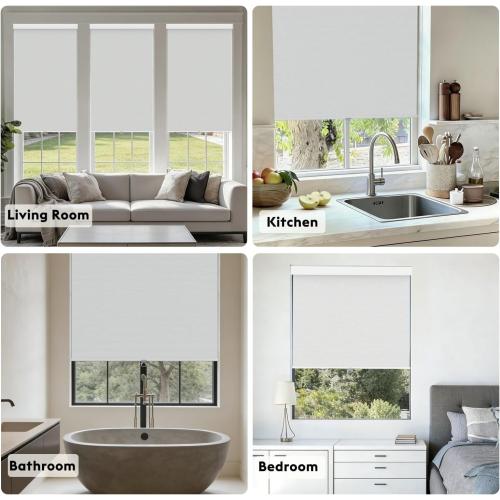 100% Blackout Roller Shades, Free-Stop Cordless Roller Blinds for Windows, Thermal Insulated Linen Fabric Window Shades UV Protection for Home, Door, White, Customize