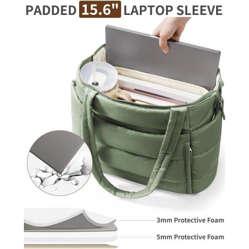 Puffer Tote Bag for Women, Lightweight Puffy Work Handbag Teacher Nurse Quilted Shoulder Bag for School Travel Gym | Cloud Bag w/ Zipper, Daily College Bags, 15.6 Computer Bag, Clinical Nursing Bag, 40 OZ Tumbler Holder, Ideal Gift for Women