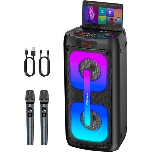 Karaoke Machine for Adults, Bluetooth Speaker with 2 Wireless Microphones, Portable PA System with Dicso Lights for Big Pary, Stage Subwoofers, Outdoor, Ideal Gifts for Family, Music Lover
