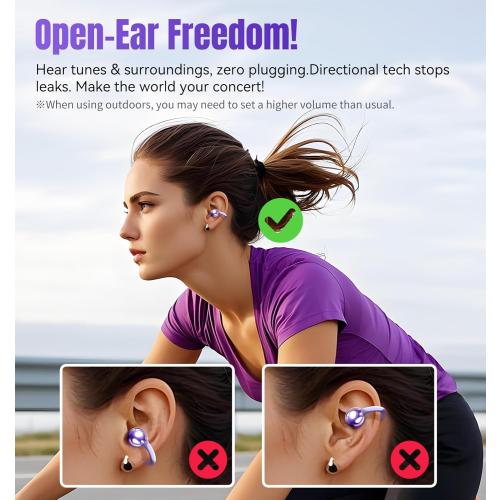 King Lucky Clip-On Earbuds Gen 3, Open-Ear Wireless Bluetooth 6.0 Headphones with Mic, Secure Fit for Small Ears & Glasses Wearers, 50H Playtime, ENC, IPX5 Waterproof Sport Ear Buds (Purple)