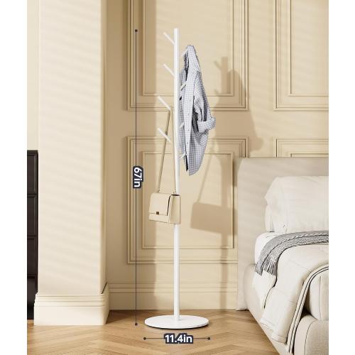 Coat Rack with 8 Hooks, 3 Adjustable Heights, Modern Hall Tree, Sturdy Metal Clothes Stand with Sintered Stone Base for Entryway, Office, Bedroom, for Coats, Hats, Handbags and Scarves, White