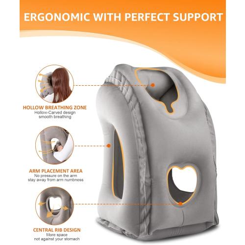 Sunany Travel Pillow, Inflatable Neck Pillow Used for Airplanes/Cars/Buses/Trains/Office Napping with Eye Mask/Earplugs (Gray)