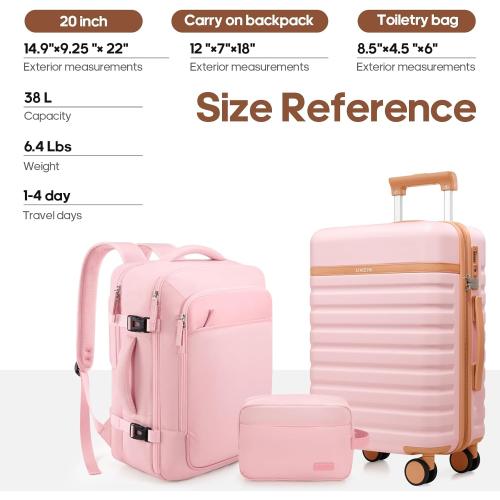 UKEIN Luggage Sets 3 Piece, Carry On Luggage 20In With Spinner Wheels,PC Hardside Suitcase Set with TSA Lock,Durable Carry On Suitcase With Travel Backpack for Men (Pink, 3 piece set (20inch))