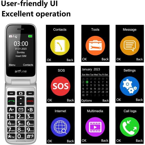 artfone G6 4G Flip Phone for Seniors⼁2.4 Dual-LCD⼁Big Button Cell Phone with SOS⼁Time Report⼁Speed Dial⼁Large Fonts⼁ 1300mAh Battery⼁USB-C Charging Dock– Grey