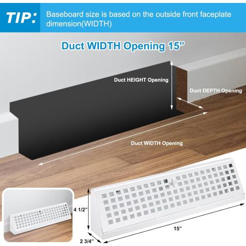 1 Pack 15 Inch Baseboard Register Vent Duct Opening Size, Vent Covers with Air Adjust Lever Including Screws, Baseboard Air Covers for Home Floor Diffuser Wall Corner, Easy Install (White)