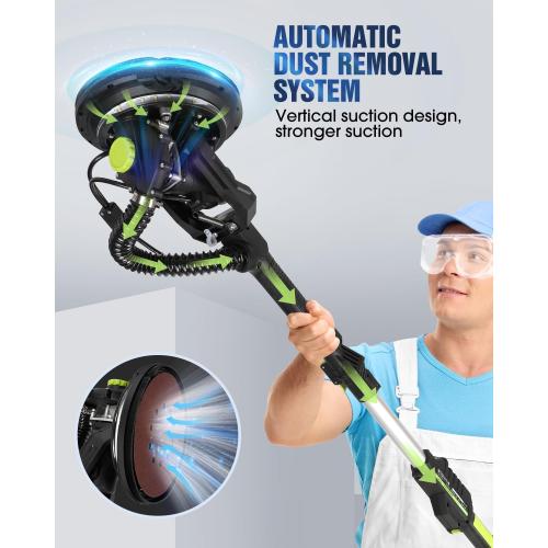 Drywall Sander, 7.2A Electric Drywall Sander with Vacuum Dust Collection, LED Light, 6 Variable Speed Digital Display 900-1800RPM, Foldable & Extendable Handle, 9 Sanding Discs&3 Grid Sandpaper