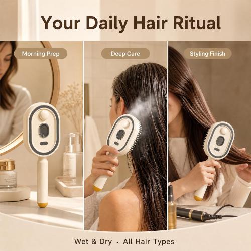 Electric Spray Air Cushion Massage Comb,Upgraded 5 in 1 Rechargeable Air Cushion Hair Brush, Retractable Self-Cleaning Steam Brush for Frizzy Hair & Scalp Care, Anti-Static & Detangling (Beige)