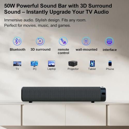 Sound Bar for Smart TV –50W, TV Sound Bar, Optical/AUX Connectivity/USB/Bluetooth, Remote Control, Wall-Mountable Home Theater Audio, with TV, Gaming, Gaming, and Mobile Phone