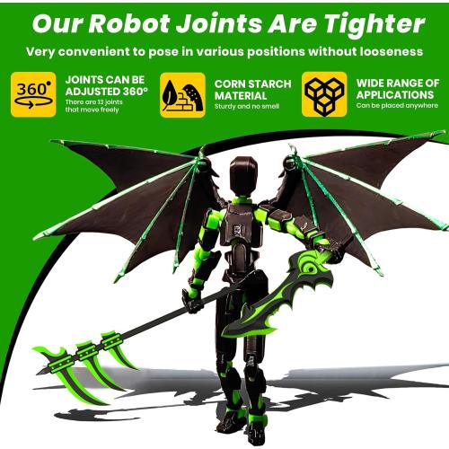 T13 Winged Robot Action Figure, Triple-Bladed Scythe, Black Wings