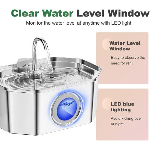 Cat Water Fountain Stainless Steel 108oz/3.2L, APAUK Automatic Pet Fountain Dog Water Dispenser with Water Level Window, Quiet Cat Fountain for Drinking, Inside with Replacement(1 Filter&1 Sponge)