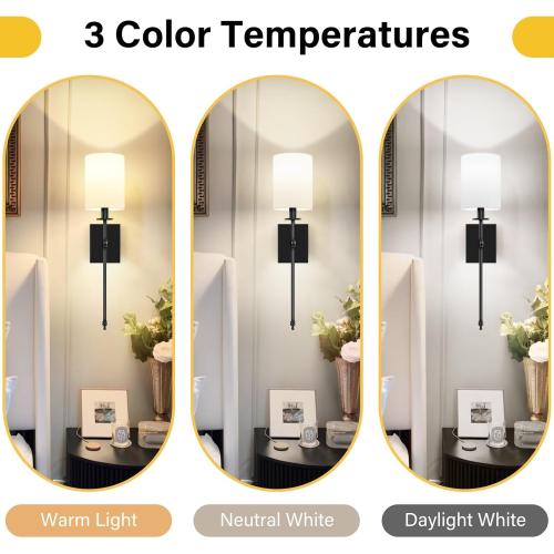 24.8 Inch Black Battery Operated Wall Sconces Set of 2, Rechargeable Wireless Wall Lights with Remote & White Fabric Shade, Indoor Not Hardwired Dimmable Wall Lamps for Bedroom, 2 Bulbs Included