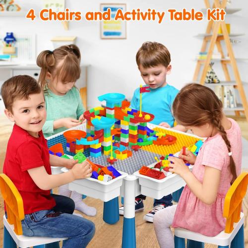 7-in-1 Toddler Activity Table & 4 Chairs STEM Building Set Kids Ages 3–7 | 152PCS Large Marble Maze and Building Blocks with Kids Sensory Sand and Water Table, STEM Learning Toy for Boys and Girls