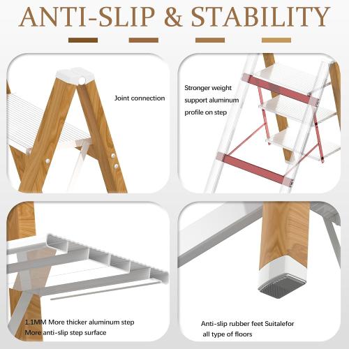 3 Step Ladder, Portable Step Ladder Folding, Lightweight Step Ladder with Anti-Slip Pedal, Aluminum Indoor and Closet, Kitchen, 330lbs - White & Wood Grain