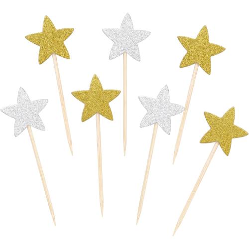 Pistha 50 Pcs Star Cupcake Toppers Glitter Twinkle Star Cupcake Picks for Wedding Baby Shower Birthday Party(Gold,Silver)