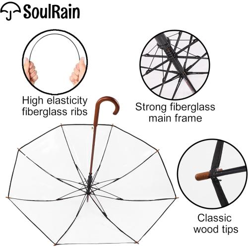 SoulRain 48 Clear Bubble Umbrella – Large Transparent Umbrella for Rain, Windproof & Automatic Open, Wedding Umbrellas for Women & Men, Vintage Stick Cane with Wooden Handle(Clear)