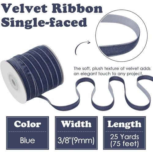 HUIHUANG Blue Velvet Ribbon 3/8 inch x 25 Yards Single Face Vintage Velvet Ribbon for Gift Wrapping, Christmas Tree Ornaments, Wreath Decor, Invitations, Hair Bows, Flower Bouquet, Home Decor