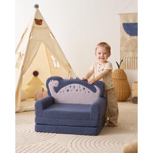 Blissful Diary Kids Couch, 2-in-1 Soft Toddler Couch Fold Out, Toddler Chair Comfy, Convertible Sofa to Lounger, Kids Furniture for Playroom, Gift for Birthday, Children's Day, Blue Dinosaur