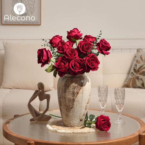 Alecono Red Roses 20Pcs - 4in Real Touch Artificial Roses, Velvet Soft Fake Flowers with Long Stems for Mother’s Day, Wedding Centerpieces, DIY Home Decor