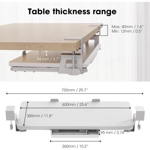 Fenge Keyboard Tray Under Desk, Pull Out Keyboard & Mouse Tray with C Clamp Mount, Sliding Keyboard Holder for Desk, 25.6 x 11.8 inch Large Slide-Out Platform Computer Drawer for Typing, White