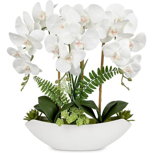 Briful Orchid Artificial Flowers 18in White Fake Orchid Silk Flowers with Ceramic Pot Faux Orchid Arrangement for Home Office Room Coffee Table Centerpiece Modern Decoration