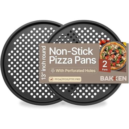 Bakken- Swiss Non-Stick Pizza Pan with Holes - 13-Inch Perforated Pizza Crisper Carbon Steel Pizza Pan - 2 Round Pizza Trays - PFOA PFOS and PTFE Free