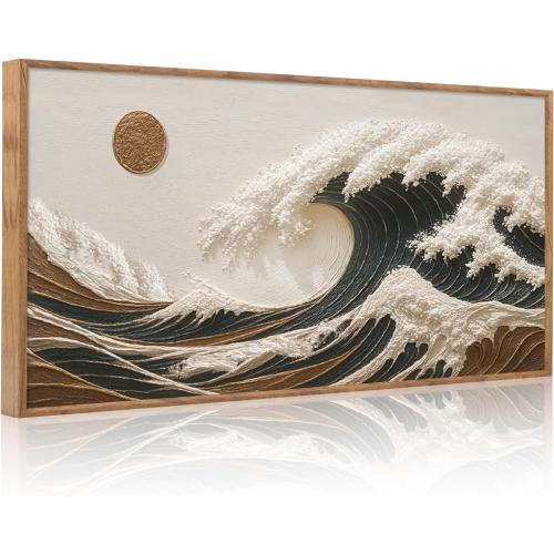 HLNIUC Boho Sea Great Wave Framed Canvas Wall Art,Vintage Japanese Ocean Horizontal Wall Decor,Large Abstract Nature Artwork(40x20),Neutral Sun Seascape Prints for Living Room,Bedroom,Office