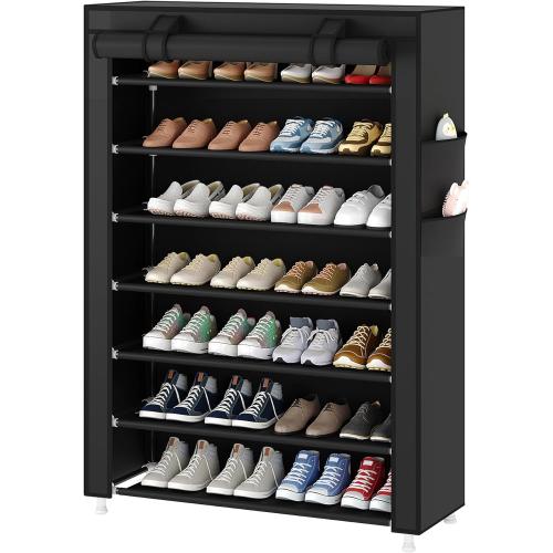 Laiensia 7-Tier Vertical Shoe Rack Organizer, Space Saving Shoe Storage Organizer, Non-Woven Cover Shoe Shelf Holds 28-35Pairs for Bedroom, Hallway, Closet Entryway, Black