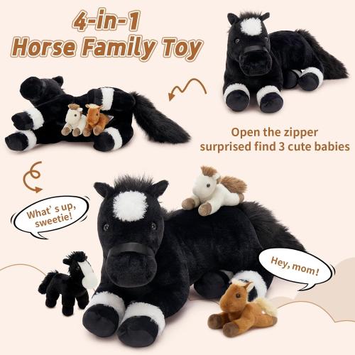 Tezituor 4Pcs Horse Stuffed Animal with Babies, 18 inch Large Mommy Stuffed Horse with 3 Baby Pony Plush, Realistic Black Pony Plush Pillow for Boys Girls Birthday Easter Decor