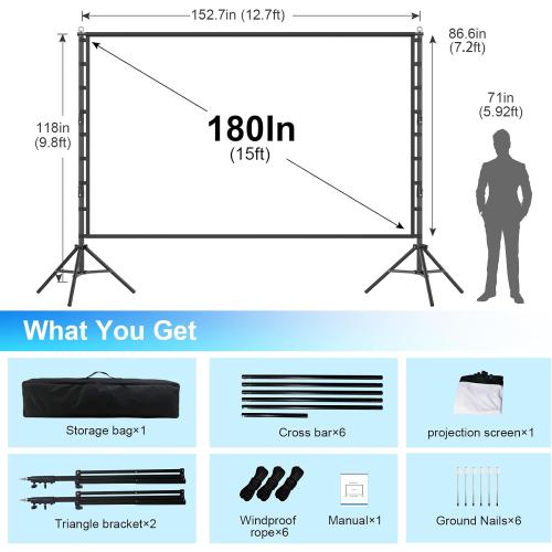 Outdoor Projector Screen and Stand，180-in Portable Projector Screen 15 FT Large Projection Scree  Wrinkle-Free Movie Screen with Carry Bag for Backyard,RVing Night,Party