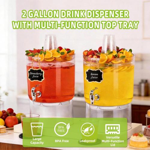 2 Gallon Beverage Dispenser for Parties 2 PACK, BPA-Free Drink Dispenser with No Drip Spigot, Juice Dispensers with Stand, Transparent Plastic Water Dispenser, Drink Fountains with Multi-Function Lid