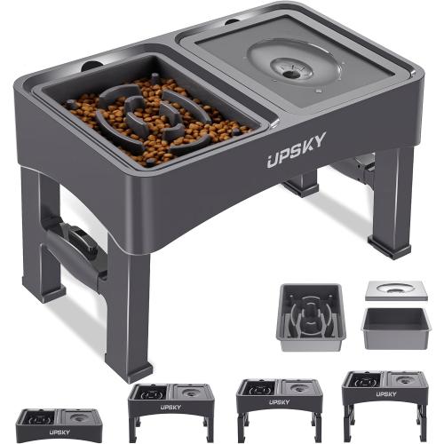 UPSKY 2-in-1 Elevated Dog Bowls Slow Feeder, 4 Height Adjustable Raised Bowl Stand, No Spill Dog Water Bowls, Anti-Slip Food and Water Bowls for Small Medium Dogs(Not Include Stainless Steel Bowl)