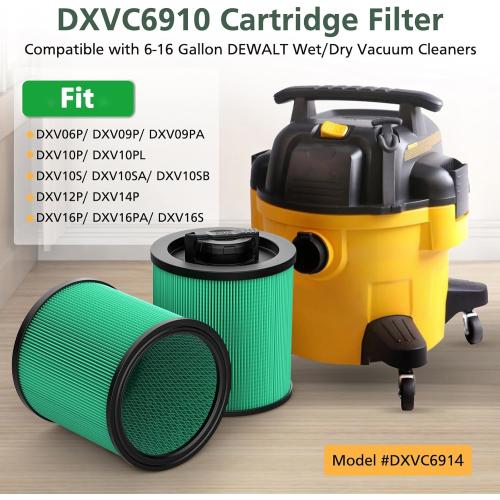 2 Pack DXVC6914 Cartridge Filter Replacement for DEWALT 6-16 Gallon Wet/Dry Vac, Compatible with DeWalt DXV06P DXV09P DXV10P DXV10PL DXV10SA DXV12P DXV14P DXV16P, Green