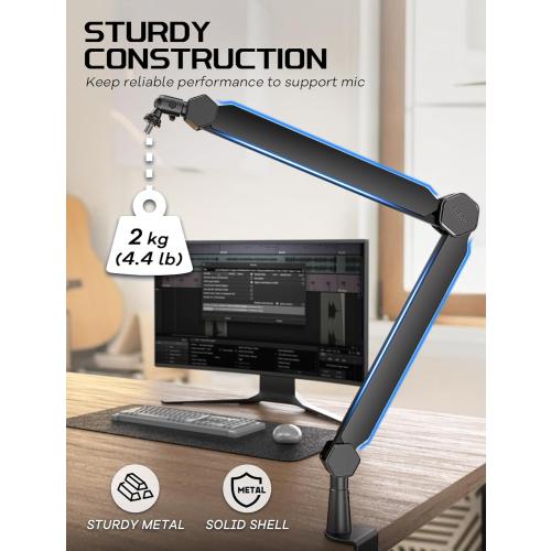 Size 3/8 to 5/8 FIFINE Mic Arm Stand, Microphone Boom Arm with Desk Clamp, Cable Channels, 3/8 to 5/8 Threads, Heavy Metal Microphone Stand for Podcast, Vocal Recording, Gaming-BM66 Black