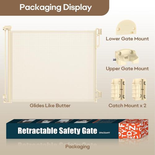 SPACEANY Retractable Safety Baby Gate or Mesh Dog Gate,Durable Portable Mesh Retractable Gate,Easy to Use for Stairs, Doorways, Hallways, Indoor, Outdoor, 33.5 Tall, Up to 45 Wide, Cream